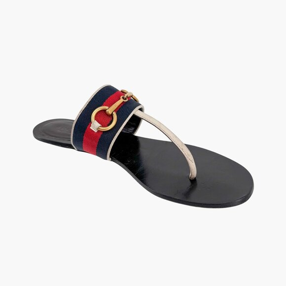 Gucci Horsebit Web Stripe Thong Flat Sandals White Flip Flop Size 38 US 8 Women - Picture 11 of 13
